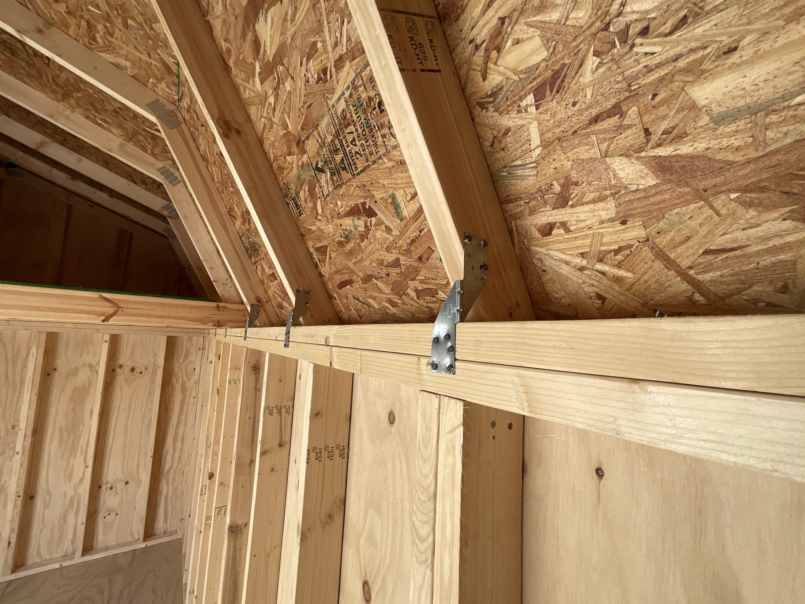 Interior roof trusses with metal hurricane clips in portable building