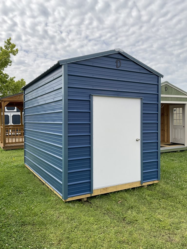 8x12 portable metal building in Hammond LA blue storage shed with white door close front view