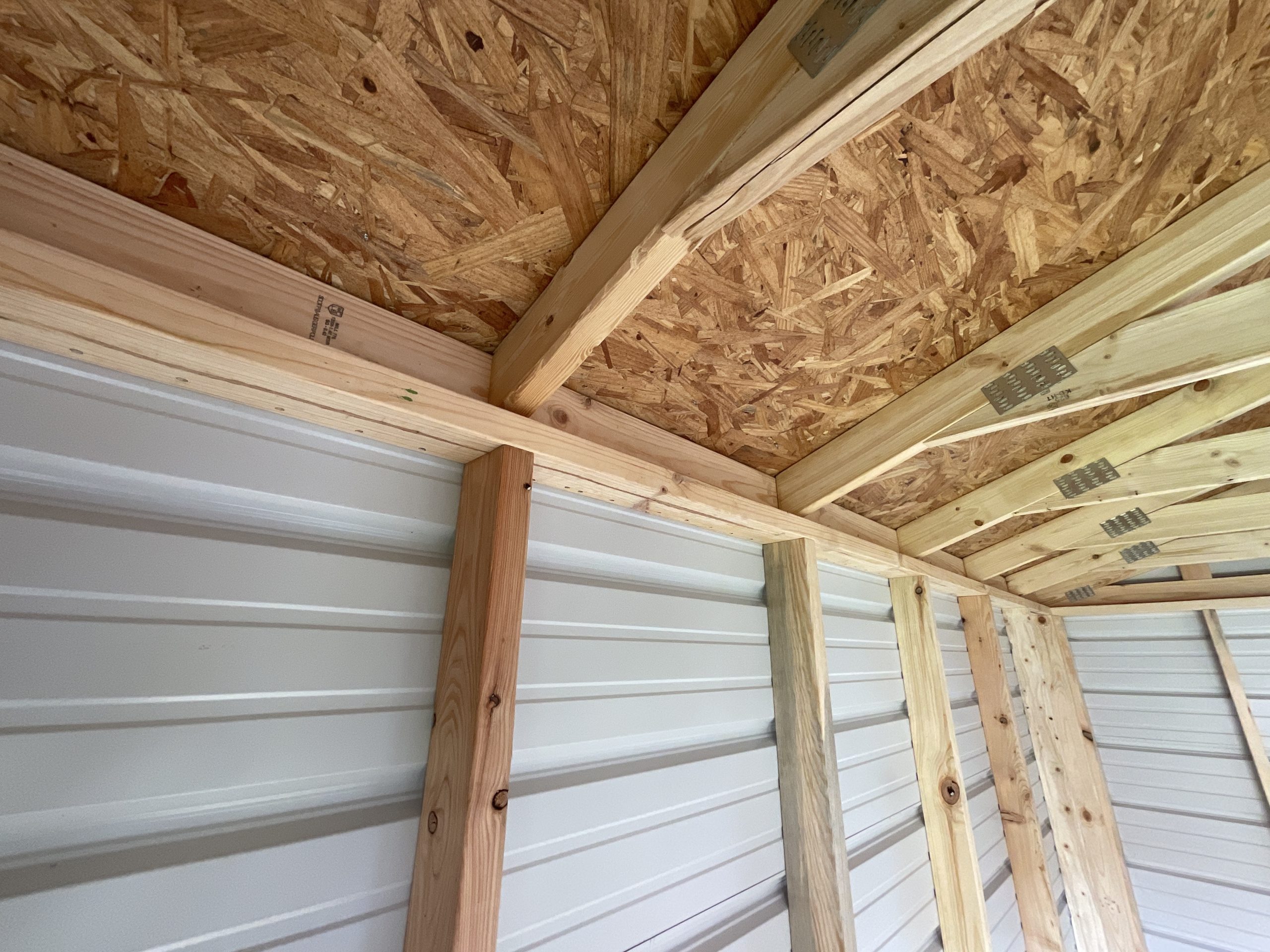 8x12 shed interior showing strong back board supporting trusses in Hammond Louisiana metal building