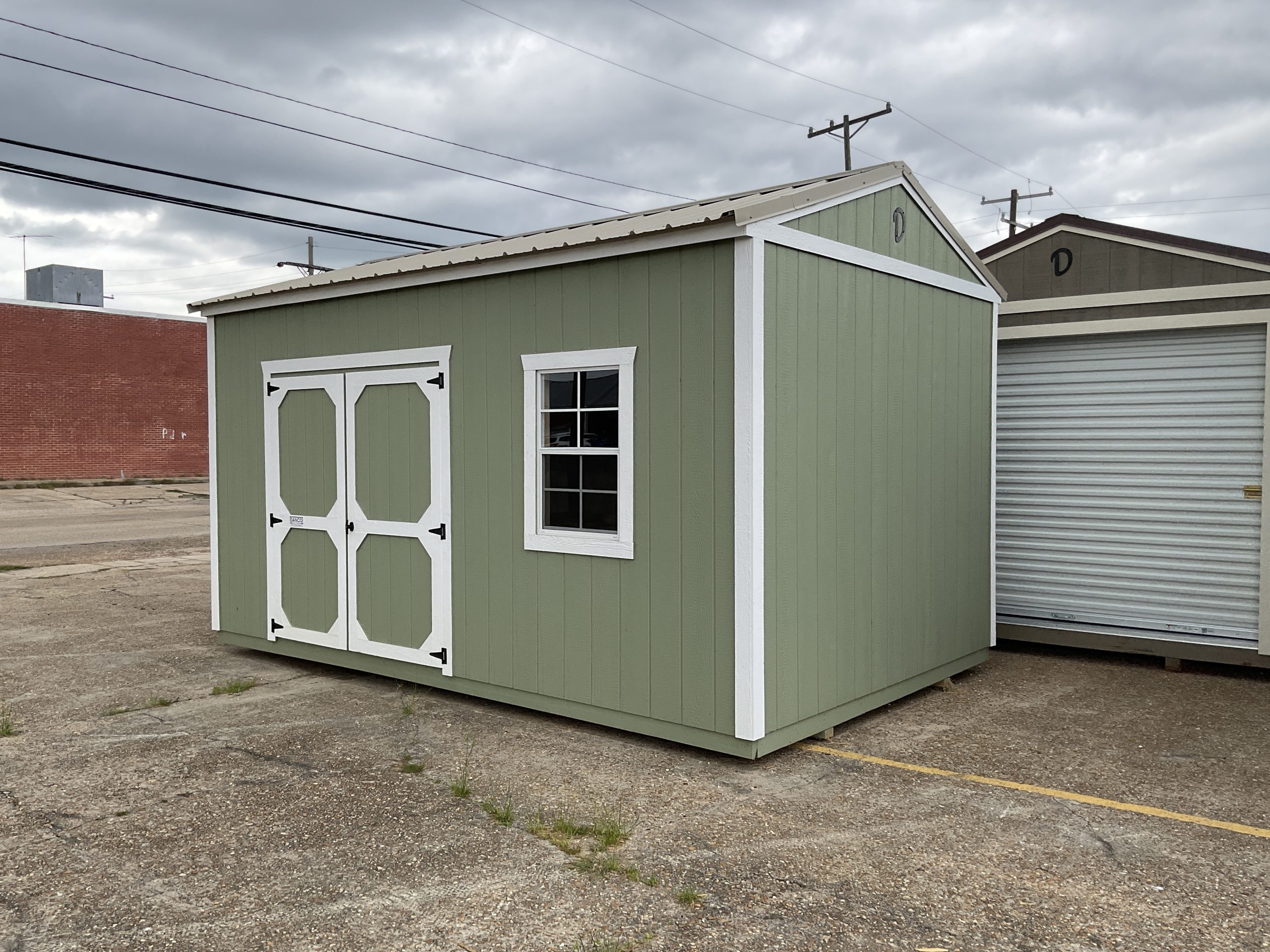 10x16 Garden Shed in Green Onyx with White Trim and Desert Metal Roof in Hammond Louisiana