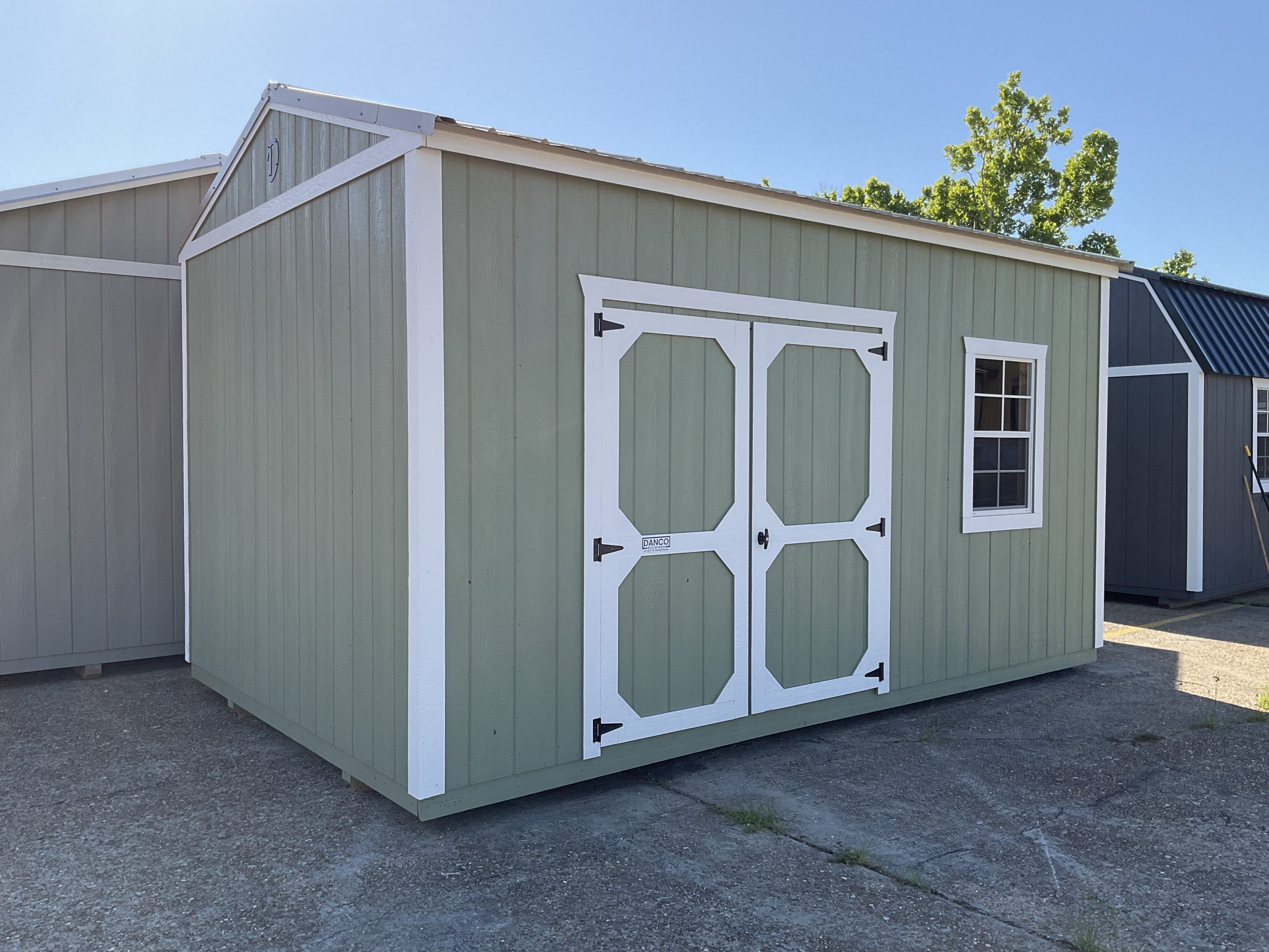 10x16 Storage Shed with Green Onyx Siding and White Trim in Louisiana
