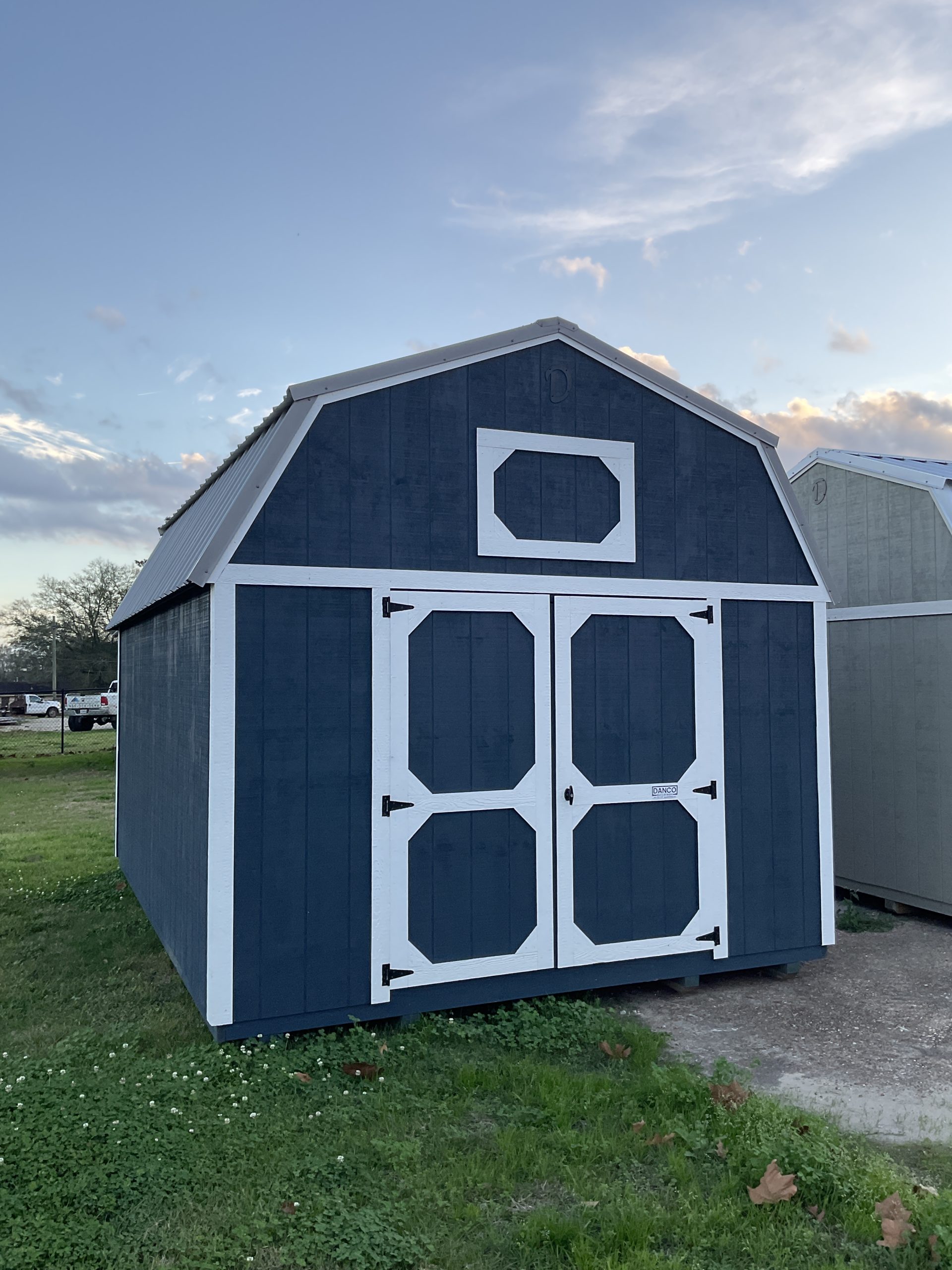 12x16 lofted barn portable building in Gale Force with white trim and pewter metal roof at A-Best Buildings in Hammond LA