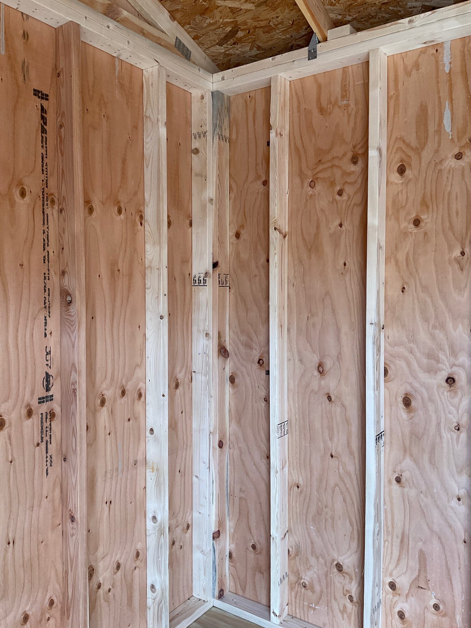 House-style corner framing with backing for future paneling or drywall installation.