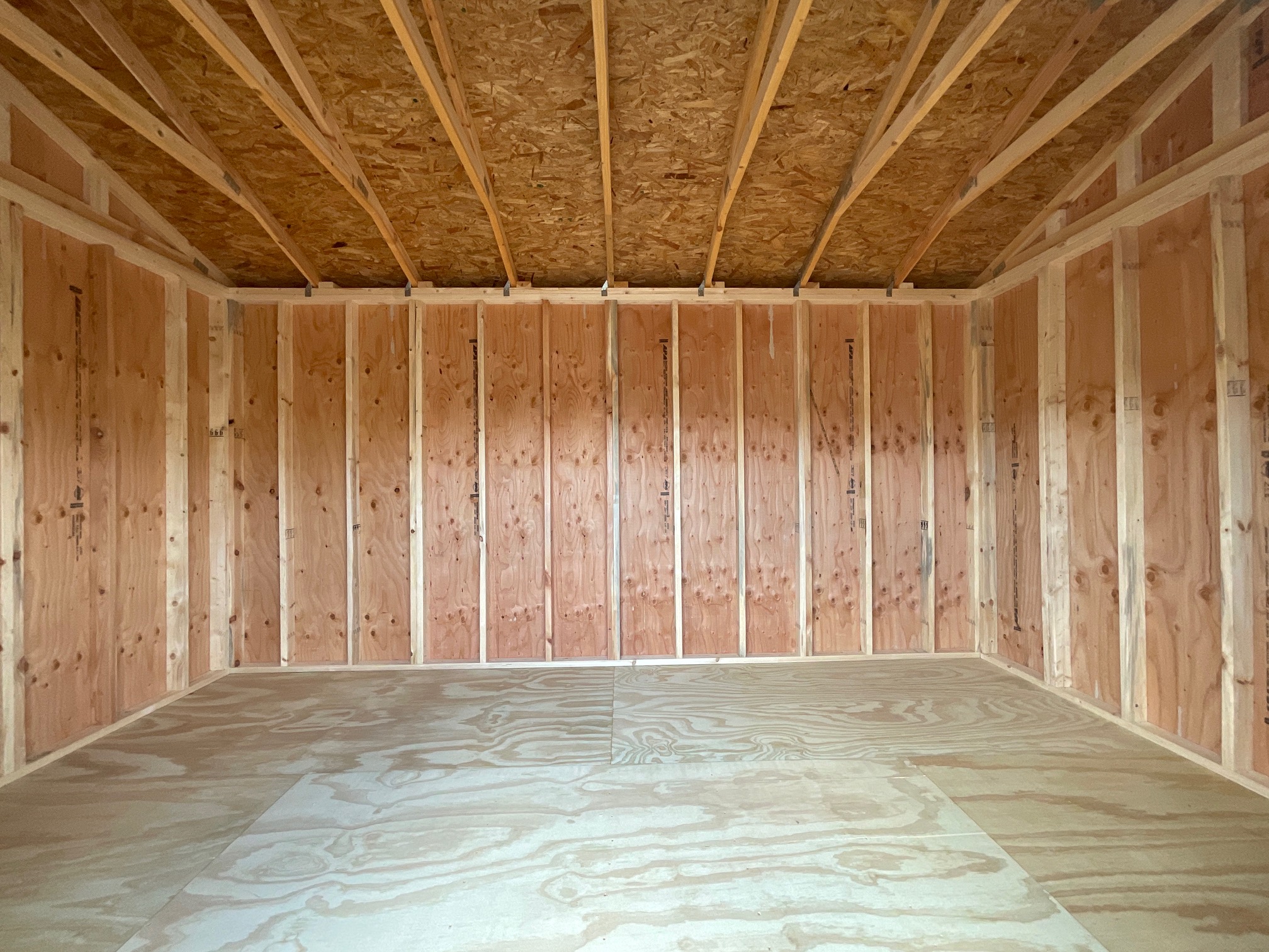 Interior of a premium 10x16 garden shed showing floor, walls, and roof framing.