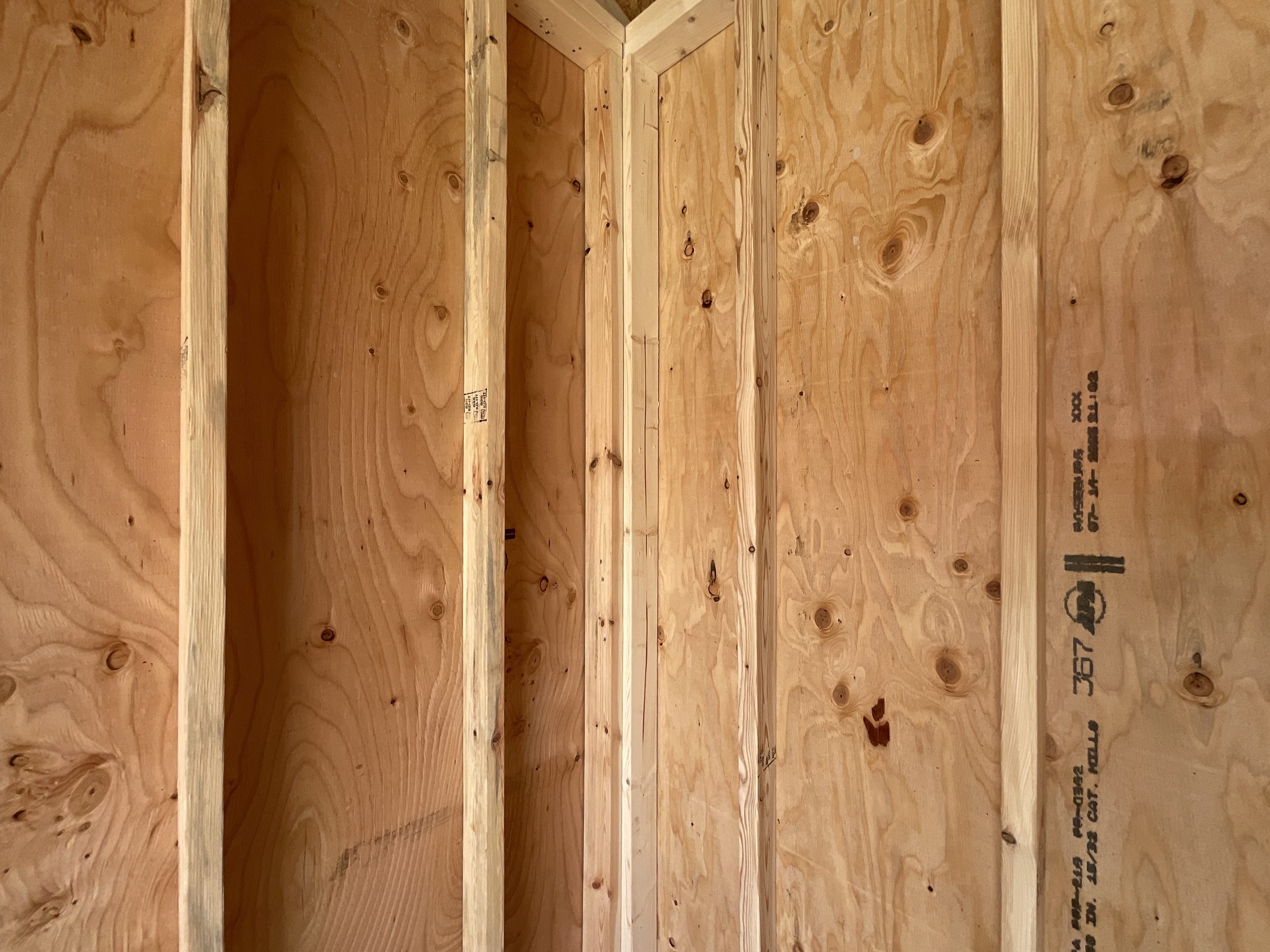 House-style framed corner ready for sheetrock inside DANCO storage shed